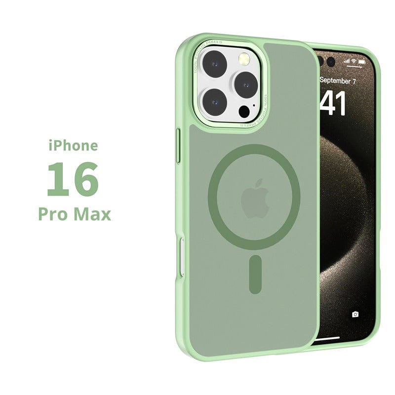 Image of an iPhone 16 Pro Max in a green MagSafe iPhone 16 Pro Max Case - Soft-Touch Finish, TPU+PC Material, Anti-Slip, Metal Camera Frame. Left text reads: "iPhone 16 Pro Max.