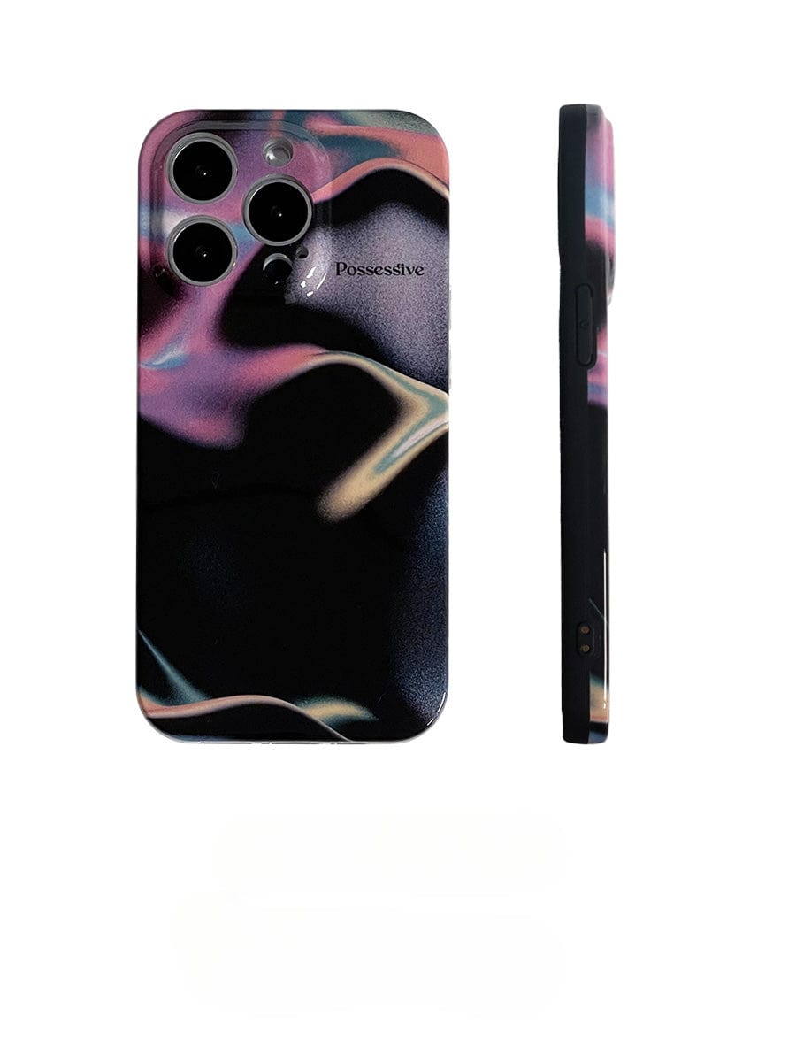 Image shows the Possessive Aura iPhone 16 Pro Max Case, featuring an abstract fluid design with swirls of black, pink, and beige. The case is displayed from the back and side, revealing its sleek thickness and precise cutouts for the camera and buttons. The word "Possessive" is printed on the back.