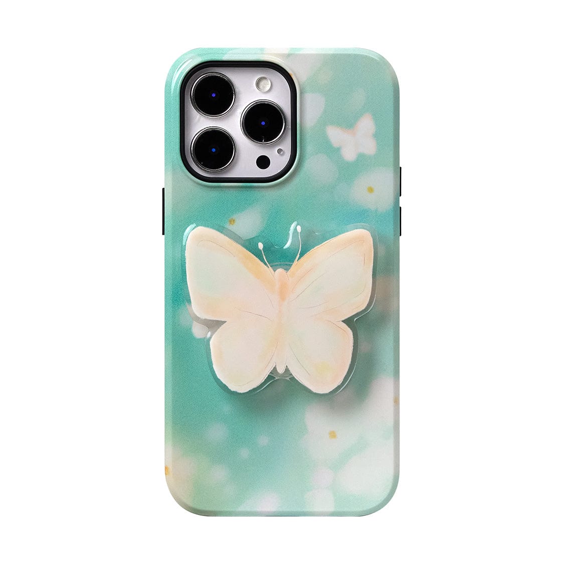 A phone with the Butterfly Blossom MagSafe iPhone 16 Pro Max Case, featuring a green and white butterfly-themed design with a raised 3D butterfly motif in the center.