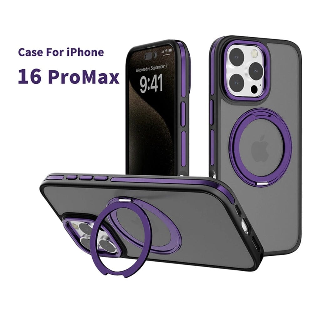 Matte Finish iPhone 16 Pro Max Case with Rotating Ring Holder, featuring a purple ring on the back, shown in three angles to showcase its shockproof protective frame and MagSafe compatibility.