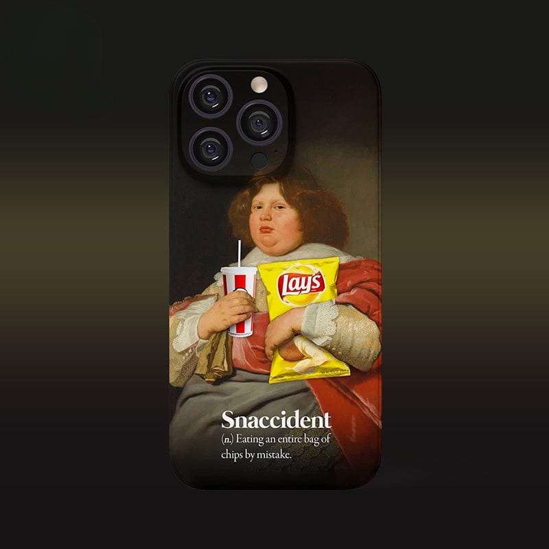 The Snaccident iPhone 16 Pro Max Case - Humorous Vintage Art Design with Full Protection, showcases a classical painting of a plump person holding a soda and Lay's chips, accompanied by the text "Snaccident (n.): Eating an entire bag of chips by mistake.