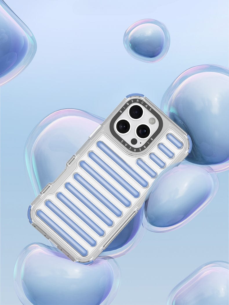 A smartphone encased in a vibrant iPhone 16 Pro Max Clear Air Cushion Case with a striped, Dual-Layer Hybrid Protection design and a prominent camera lens, set against a background of pastel-colored, translucent bubbles.