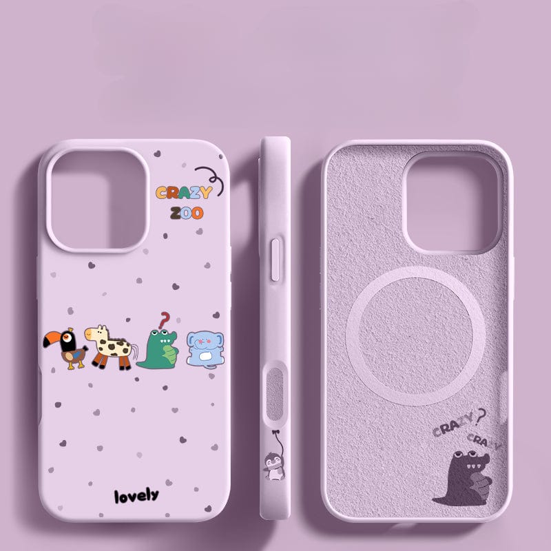 Three views of the iPhone 16 Pro Max Crazy Zoo Case in light purple, featuring adorable cartoon animals and text that reads "Crazy Zoo." One side displays a magnetic ring, while the other has small holes accompanied by a cartoon animal. Crafted from premium liquid silicone, it provides shockproof protection and a soft touch finish.