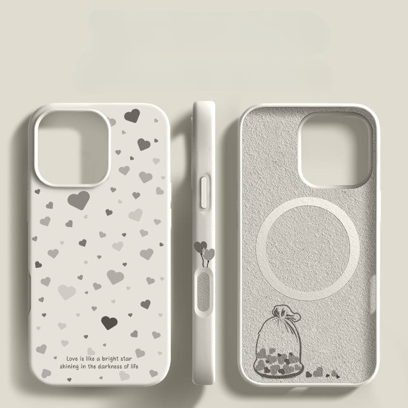 Three views of the iPhone 16 Pro Max Case - Soft Liquid Silicone Protective Cover with Shockproof Design and Anti-Fingerprint Coating: a front view showcasing scattered heart designs, a side view adorned with three balloon illustrations, and a back view featuring an illustration of a sack of hearts. This dust-resistant case ensures comprehensive protection for your device.