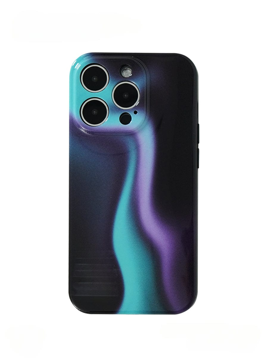 A smartphone with the Northern Lights iPhone 16 Pro Max Case, featuring an aurora gradient design in turquoise and purple colors. The sleek, all-inclusive protective cover accommodates three camera lenses and a flash on the back.