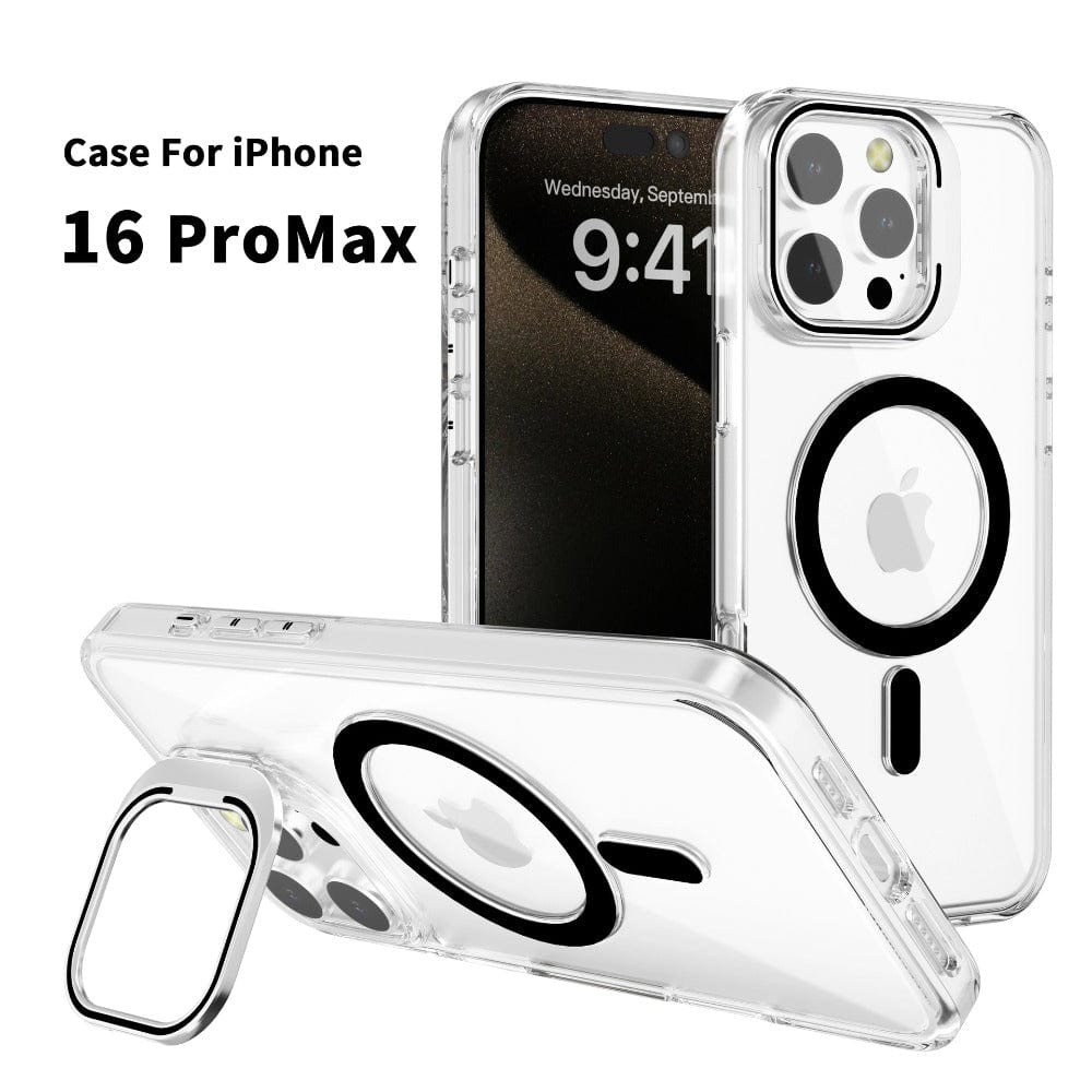 iPhone 16 Pro Max Clear Case with Kickstand and Purple Accents, featuring a sleek transparent cover that highlights a black circular design around the Apple logo. The phone screen shows "Wednesday, September 12" and "9:41".