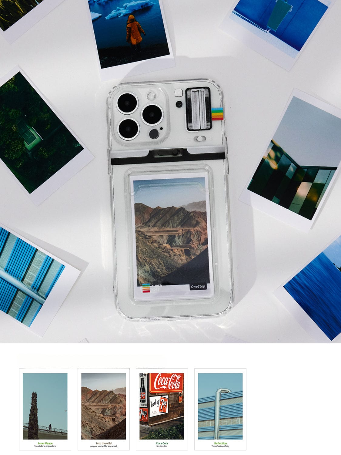 A smartphone with a Polaroid Frame MagSafe iPhone 16 Pro Max Case, featuring a customizable photo holder design with a mountain photo, surrounded by various photographic prints in a scattered arrangement.