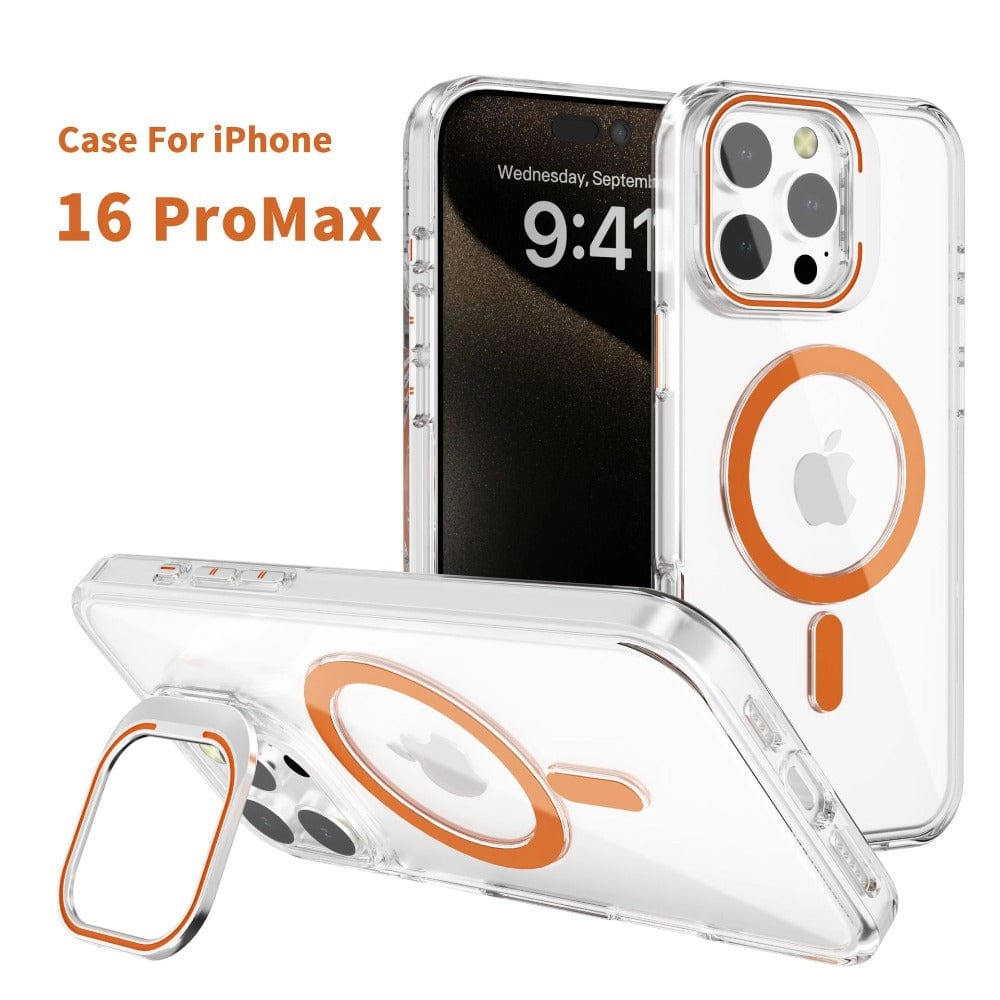 iPhone 16 Pro Max Clear Case with Kickstand and purple accents showcased from different angles, highlighting its MagSafe compatibility and built-in ring stand for functionality and protection. Ideal for anyone looking to enhance their iPhone 16 Pro Max with style and practicality.