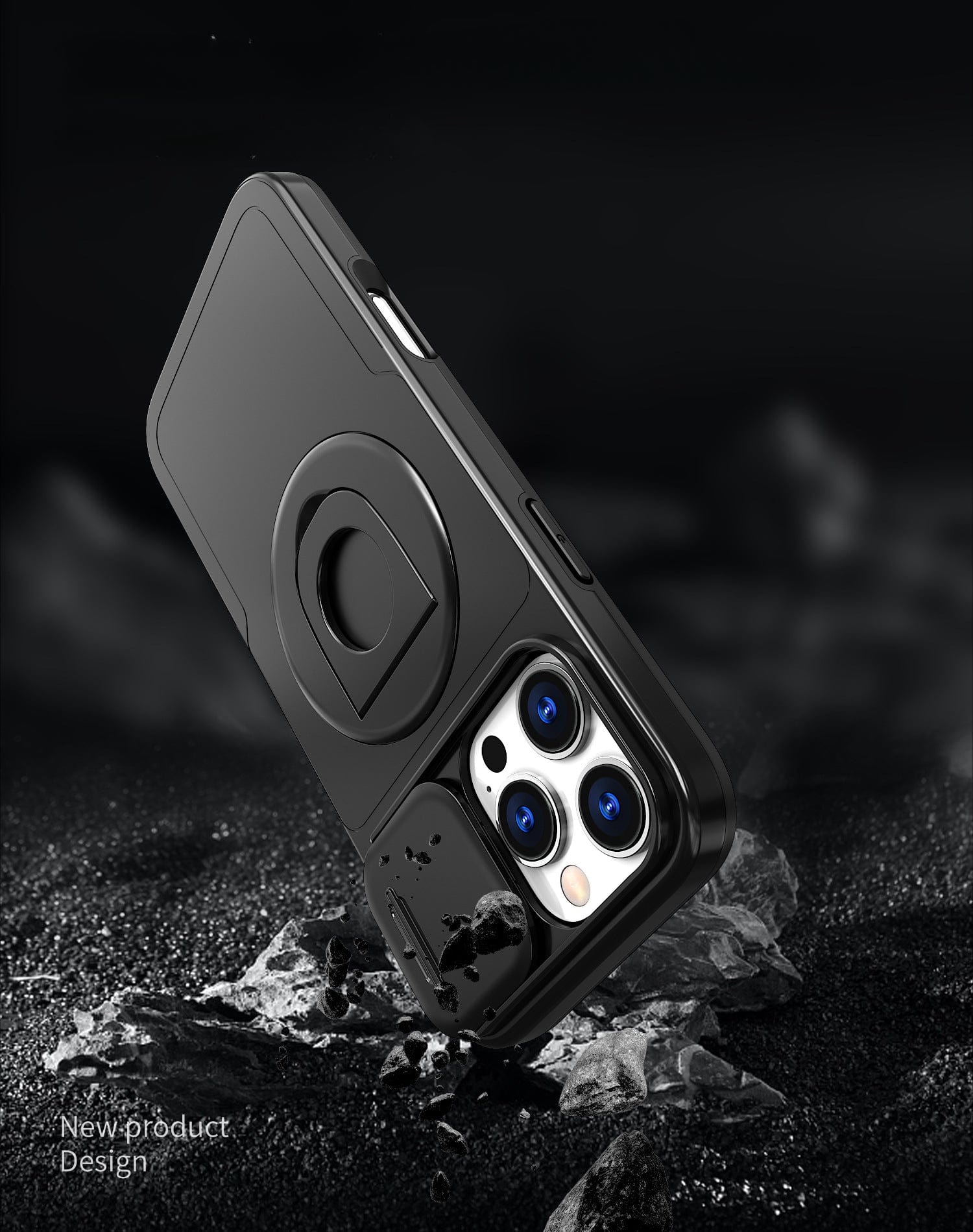 Displayed is a black iPhone 16 Pro Max case featuring a built-in magnetic ring stand and sliding window, securely fitted to a phone. The background showcases dark, rocky debris, while text in the corner announces, "New product design.