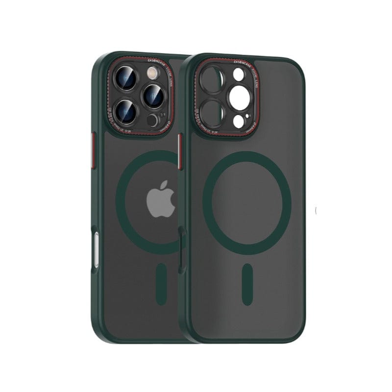 Two iPhone cases designed for iPhone 14 models and also available in an option for the MagSafe Compatible iPhone 16 Pro Max Case - Matte Finish, TPU+PC Material with Metal Camera Ring & Buttons, offering shockproof and anti-fingerprint protection, showing both the front and back in green.