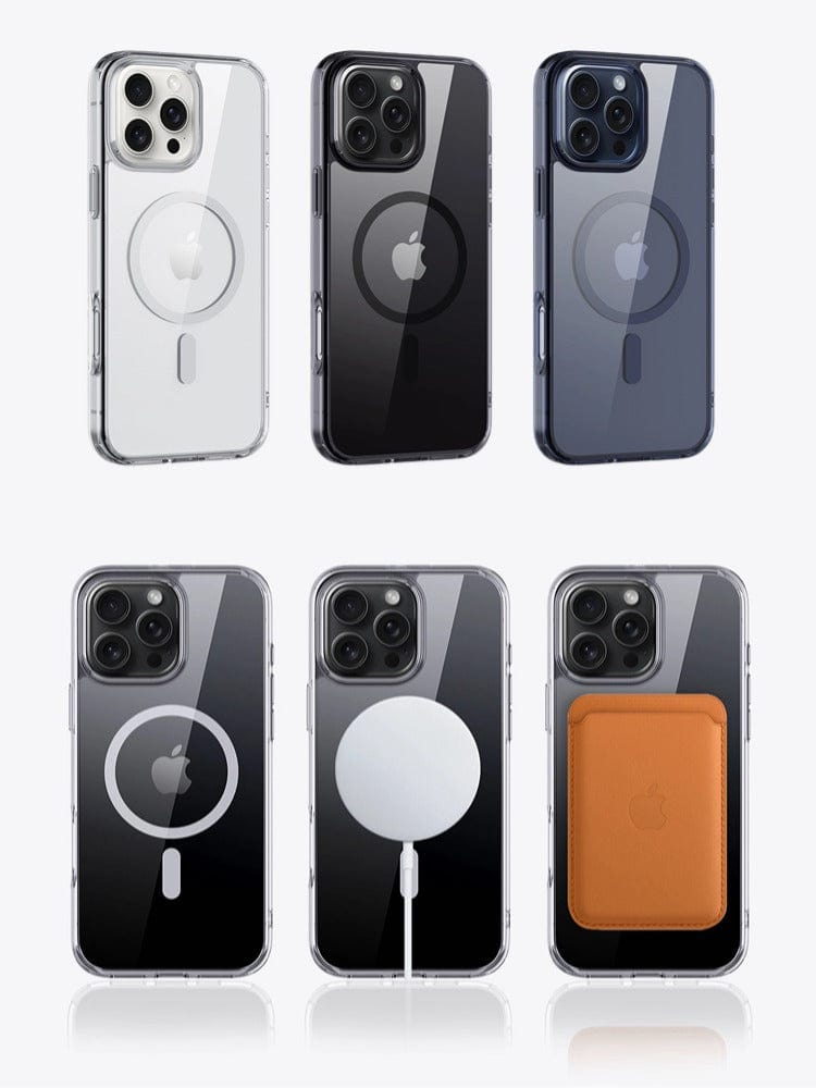 Image shows six smartphones with various cases and accessories. The top row includes white, black, and blue cases with circular magnetic rings. The bottom row features black and clear Transparent iPhone 16 Pro Max Cases with MagSafe, Shockproof Protection, Reinforced PC Backplate featuring white magnetic rings, and one case with an attached orange leather wallet.