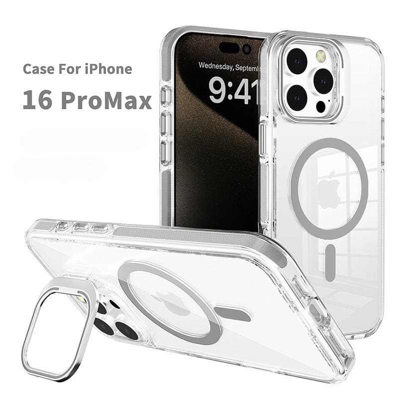 Clear MagSafe iPhone 16 Pro Max Case with Acrylic Frame Stand made from TPU & Acrylic material, featuring a circular magnetic ring on the back for camera protection, shown in two perspectives: standing and lying down.