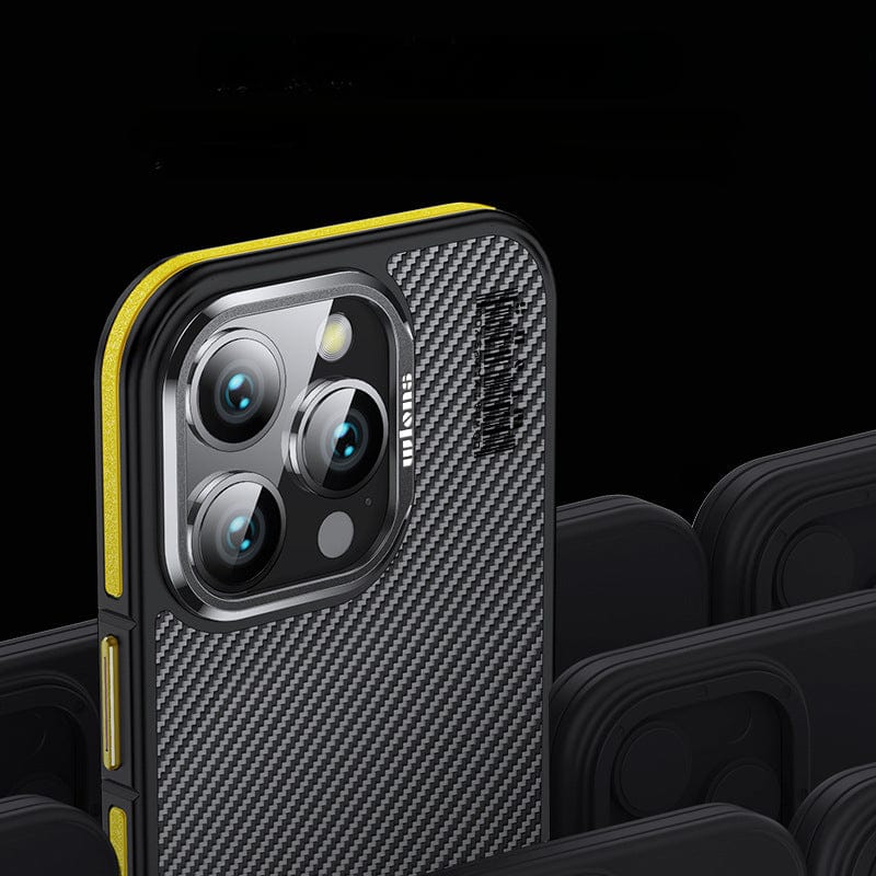 Close-up image of a smartphone featuring a triple-lens camera setup and a carbon fiber texture back with yellow accents on the edges, protected by an iPhone 16 Pro Max N52 Magnetic MagSafe Case with double layered shock absorption, known as the 600D Aramid Fiber Shockproof Cover.