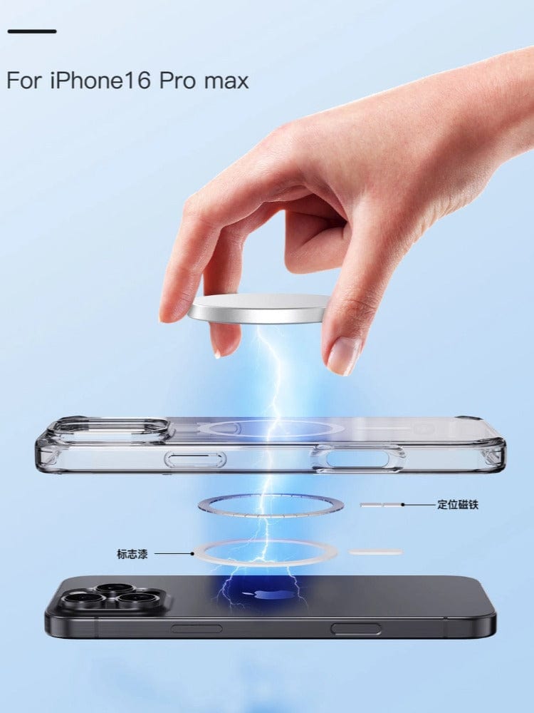 A hand holds a white, circular MagSafe charger above an iPhone 16 Pro Max encased in a Transparent iPhone 16 Pro Max Case with MagSafe, Shockproof Protection, and Reinforced PC Backplate. A blue electric light effect illustrates wireless charging between the charger and phone. The Transparent iPhone 16 Pro Max Case with the attached phone is displayed in an exploded view.