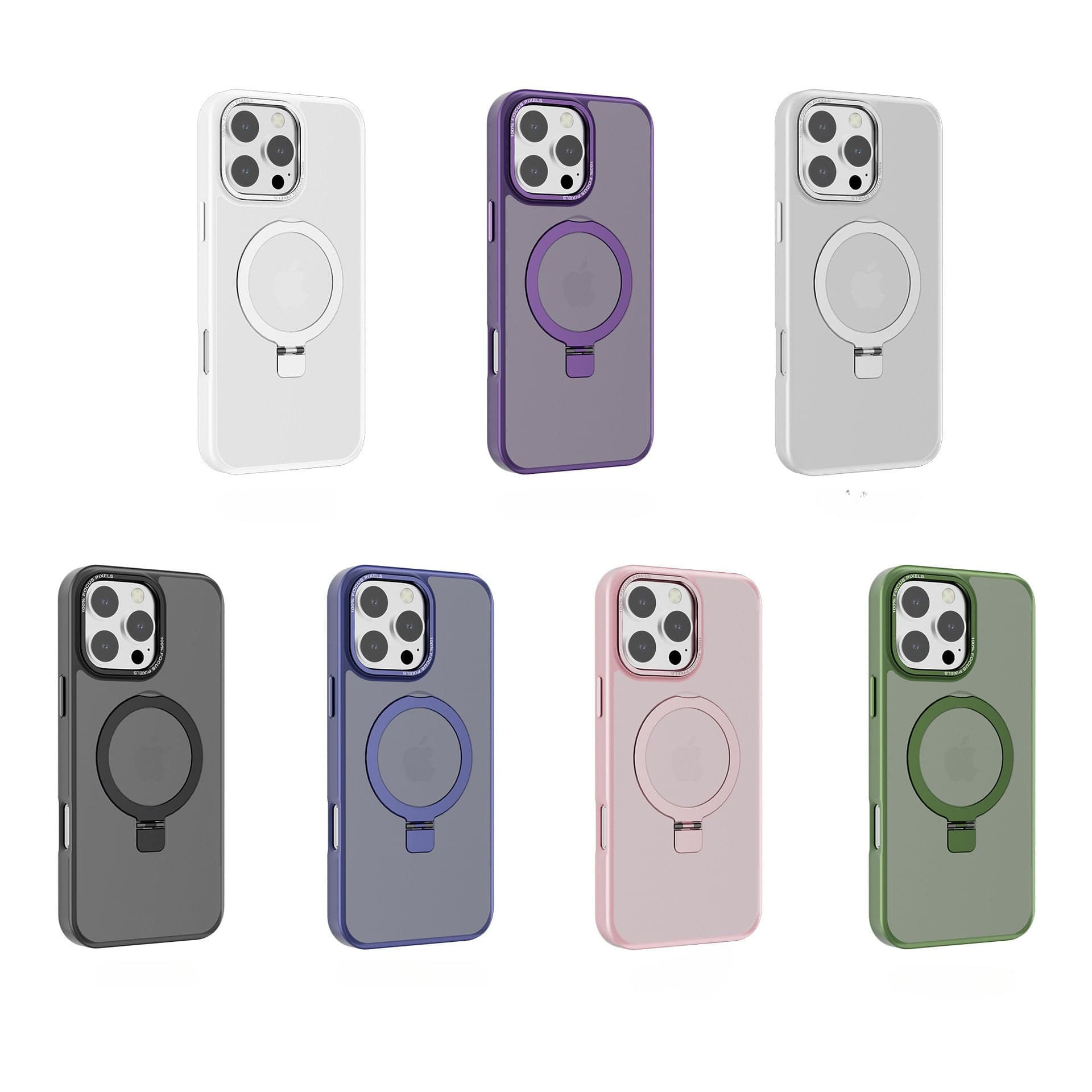 Seven MagSafe iPhone 16 Pro Max Cases with Ring Stand in various colors arranged in a grid pattern, showcasing both front and back views with visible metal camera frames and circular cutouts on the back.