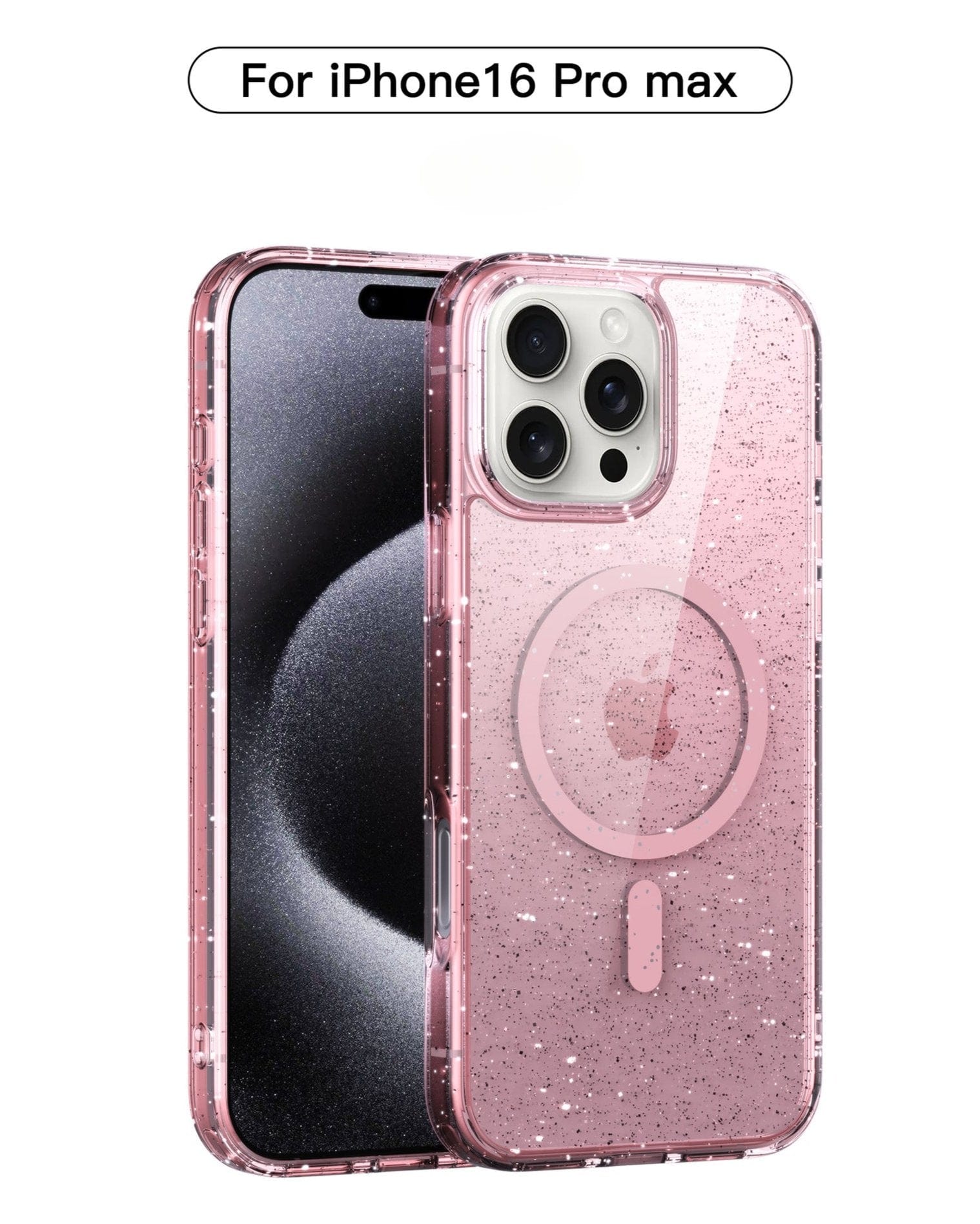 A Slim Clear MagSafe iPhone 16 Pro Max Case in pink, featuring a transparent design with sparkles, built-in MagSafe ring, and TPU material with air cushion corners, anti-fingerprint, and anti-stain properties.