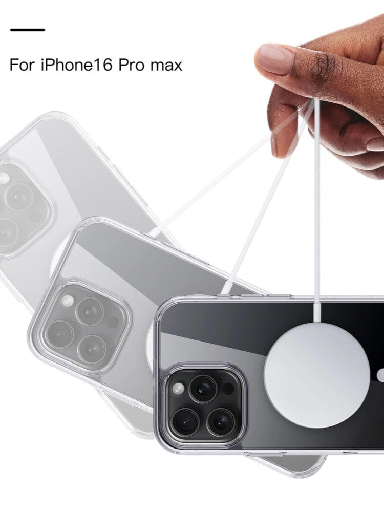 A hand is holding a Transparent iPhone 16 Pro Max Case with MagSafe, showcasing its compatibility with MagSafe accessories. The image depicts the shockproof case from different angles, with one view showing a MagSafe charger attached to the reinforced PC backplate of the phone case.