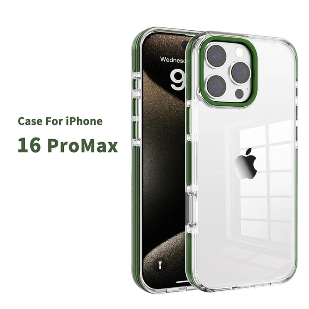 Clear iPhone 16 Pro Max case with TPU bumper and green accents, featuring a transparent PC back that reflects a window.