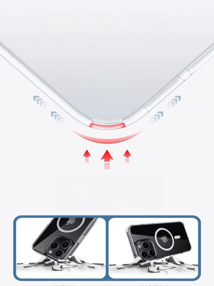 A Transparent iPhone 16 Pro Max Case with MagSafe, featuring shockproof protection and a reinforced PC backplate, is shown. The top part highlights a close-up of the phone's corner, with red arrows indicating impact protection. Below, two smaller images display the phone's camera area, showcasing the clear case's precise fit and durability.