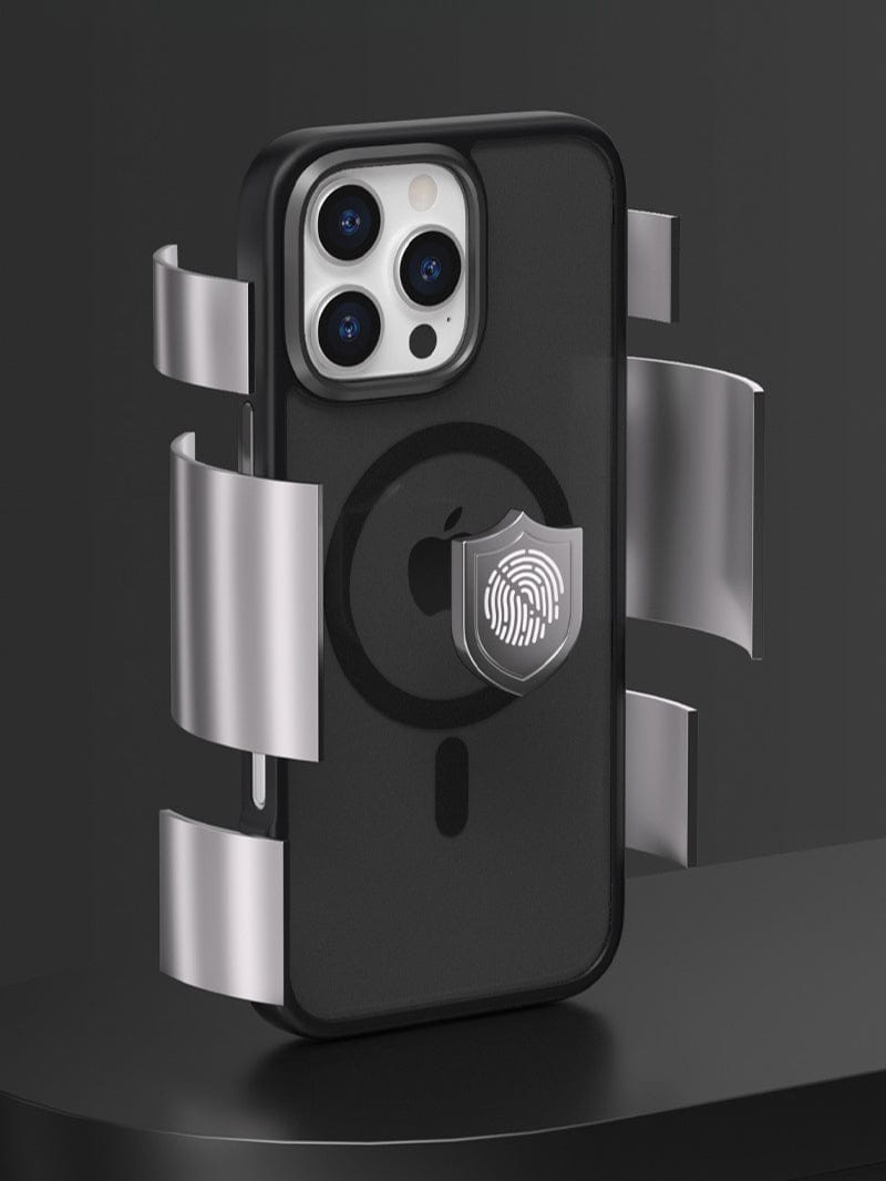 A smartphone encased in the iPhone 16 Pro Max MagSafe Case with Golden Shield featuring anti-fingerprint and shockproof protection, along with an aluminum alloy camera frame and a partially visible Apple logo, is held by silver mechanical clamps.