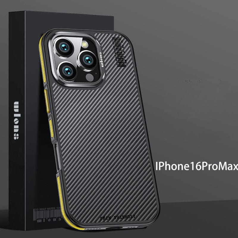 A smartphone with a 600D aramid fiber, carbon fiber textured MagSafe case, featuring four rear cameras and yellow accents, is displayed in front of its matching branded packaging. "iPhone16ProMax" is visible on the right side.