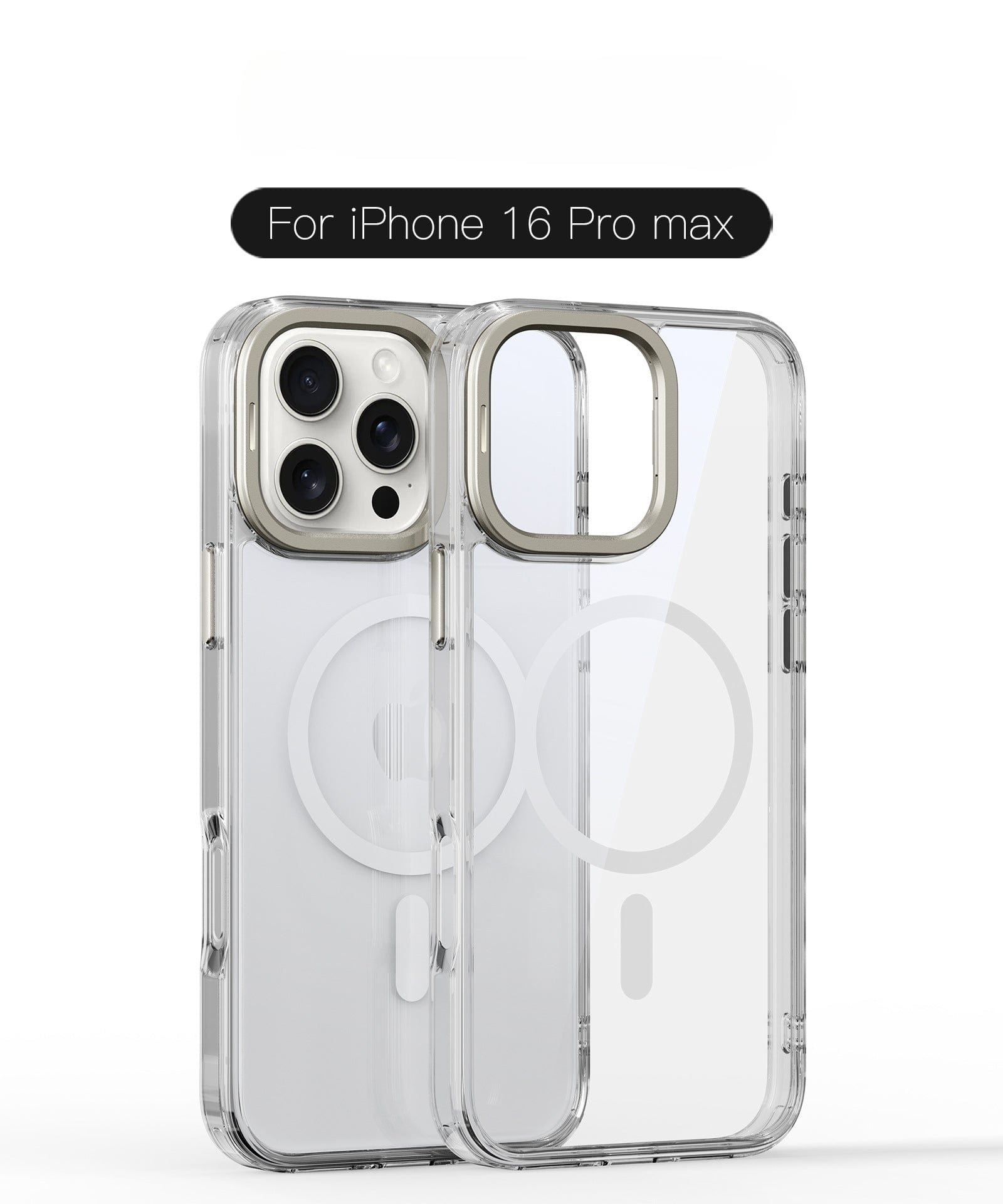 Clear MagSafe iPhone 16 Pro Max Case with Metal Camera Bracket, featuring TPU+PC material for anti-scratch and drop protection, showcasing a rear view with camera cutout and MagSafe compatibility.