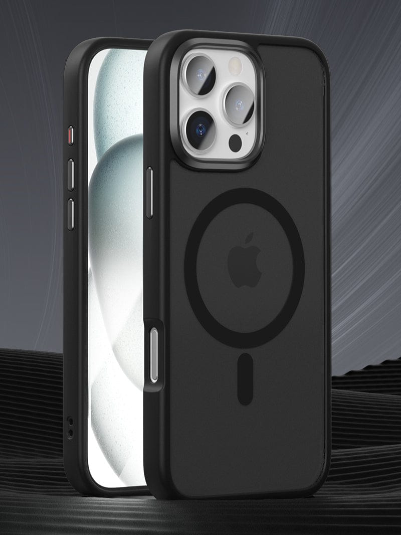 A smartphone with a black Golden Shield iPhone 16 Pro Max MagSafe Case, featuring anti-fingerprint and shockproof protection, is shown from the front and back, displaying its camera lenses with an aluminum alloy camera frame and charging port.