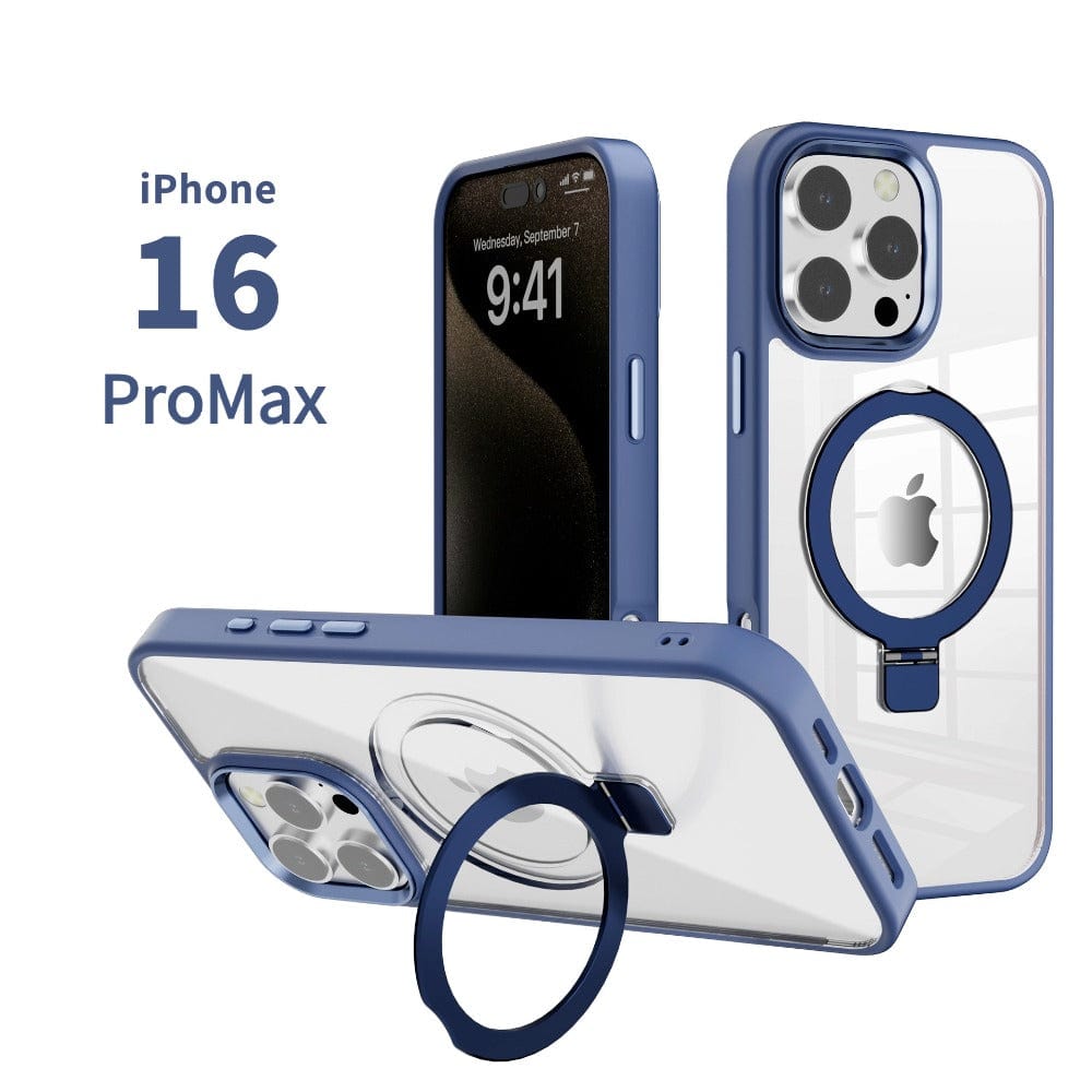 A blue iPhone 16 Pro Max in a clear, MagSafe-compatible case with a built-in ring holder and blue accents. The phone's screen displays the date Wednesday, September 7 and the time 9:41. This iPhone 16 Pro Max Case with Ring Holder offers both style and functionality.