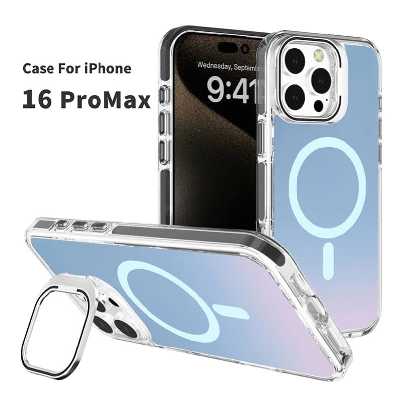 Clear Iridescent iPhone 16 Pro Max case, MagSafe compatible, with a circular design on the back. The case is displayed from various angles and includes a detachable ring for grip.