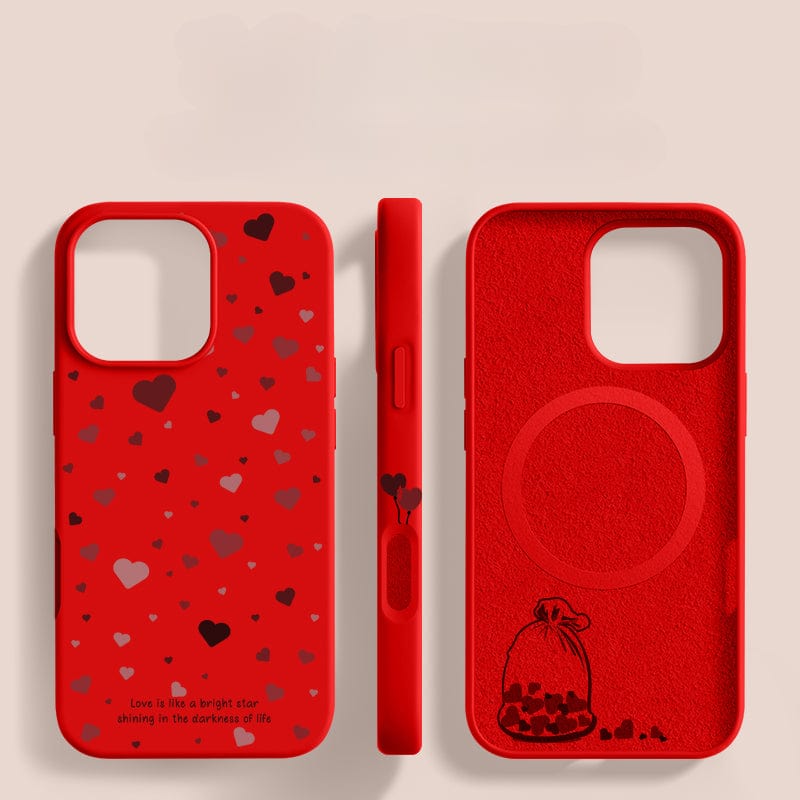 Presenting the iPhone 16 Pro Max Case - a soft liquid silicone protective cover with a shockproof design and anti-fingerprint coating. This red case features charming heart patterns and displays the phrase "Love is like a bright star shining in the darkness of life." The three angles shown are from the back, side, and inside.