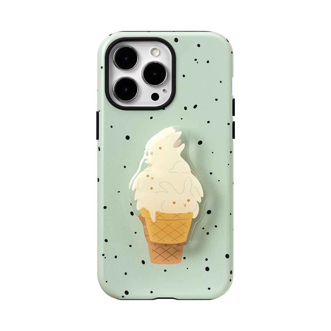 A Mint Ice Cream MagSafe iPhone 16 Pro Max Case, featuring a sweet treat design with black specks and an attached pop socket showing white bunnies arranged like an ice cream scoop atop a cone. The all-inclusive protective cover accommodates an iPhone 16 Pro Max with triple-lens cameras.