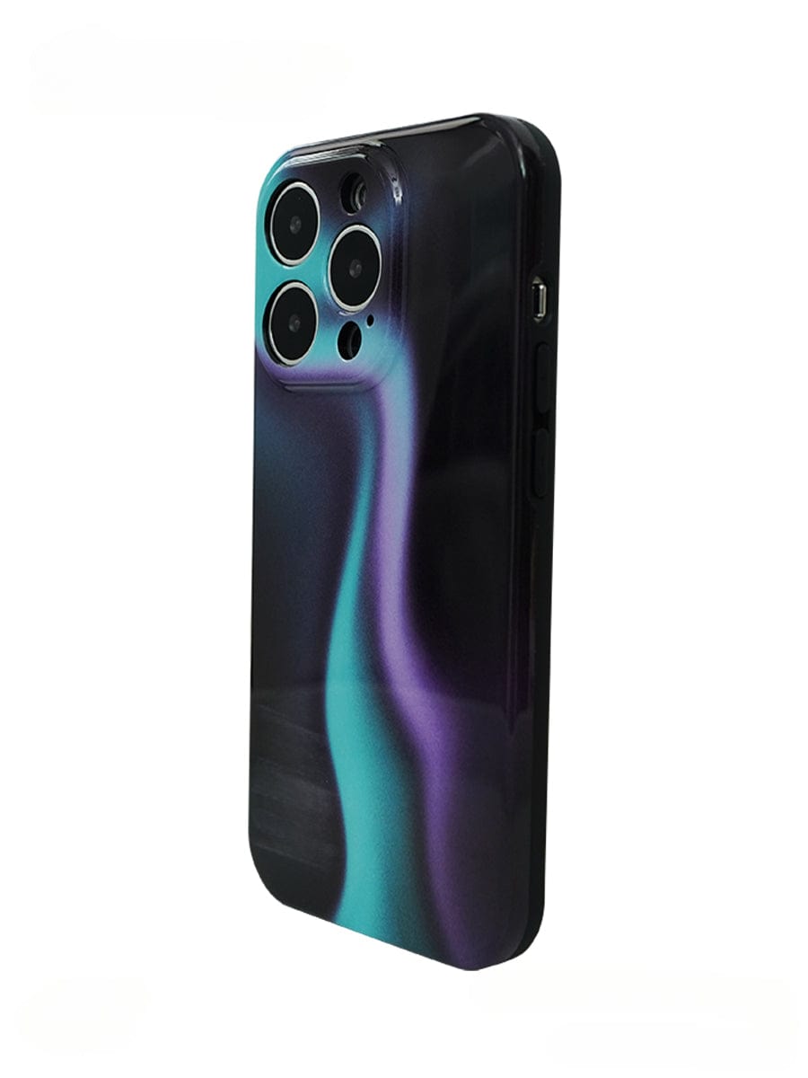 A smartphone with the Northern Lights iPhone 16 Pro Max case showcasing an Aurora gradient design in shades of teal and purple, creating a fluid, abstract look. The phone boasts three camera lenses and a flash on the back, all housed within a sleek black camera module.