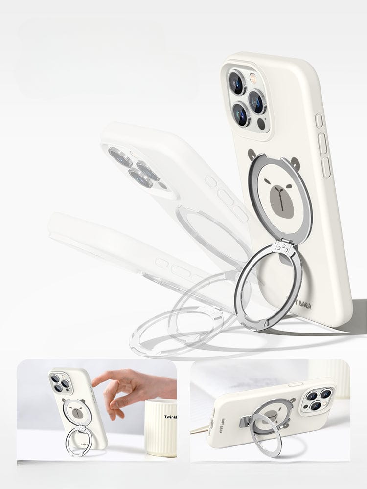 The iPhone 16 Pro Max Capybara Case - MagSafe Stand, made of liquid silicone with a shockproof protective cover and featuring a cartoon bear design, is shown from various angles, showcasing its metal ring stand for hands-free use.