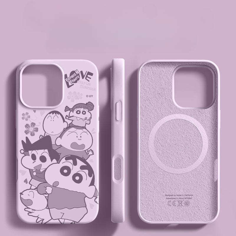 A set of three pink iPhone 16 Pro Max Crayon Shinchan Friends Cases on a purple background; one case displays Crayon Shinchan characters, another shows a side view, and the third reveals the interior with a MagSafe-compatible design. These cases are made of liquid silicone featuring shockproof, anti-fingerprint capabilities with a soft touch finish.