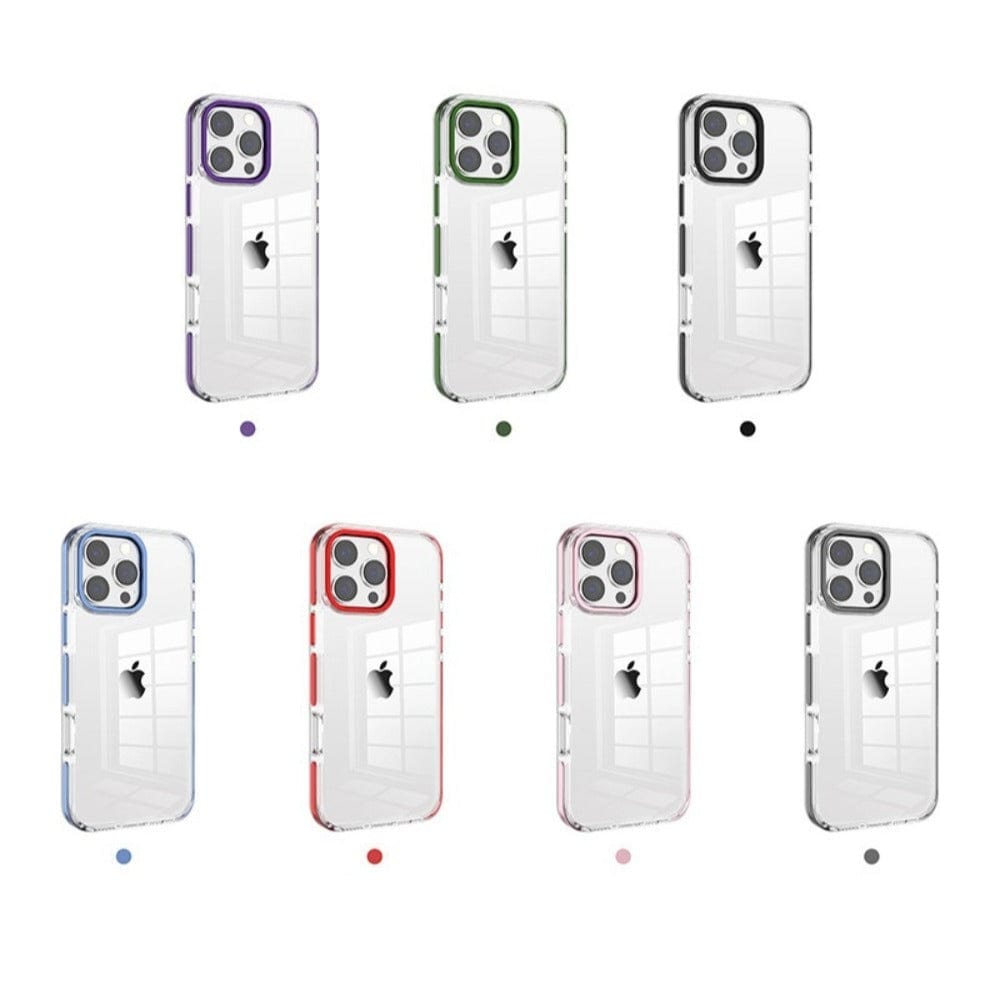 Seven iPhone 16 Pro Max Clear Cases with TPU bumpers in various colors (purple, green, black, blue, red, pink, and white) are displayed, each showcasing the transparent PC back cover and partially obstructed sides of phones with a white Apple logo.