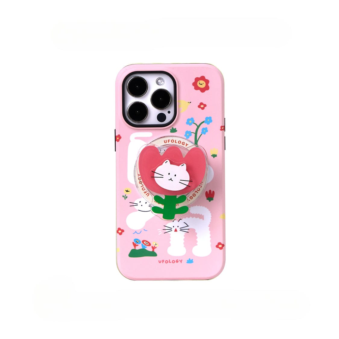 A pink "Spring Kitty MagSafe iPhone 16 Pro Max Case" featuring a playful floral design with a cartoon cat stand. Surrounding the cat are colorful doodles of flowers and stars, along with a red, flower-shaped pop socket.