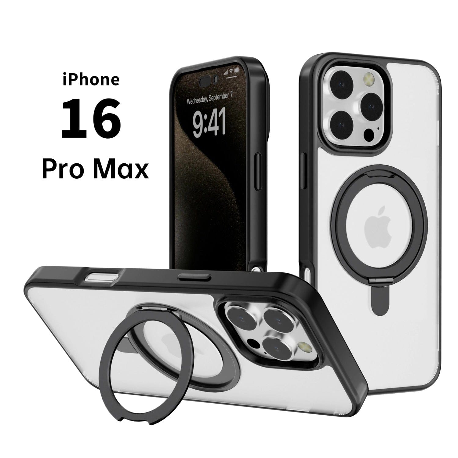 Three views of an iPhone 16 Pro Max with a premium protective cover featuring a ring holder. The case is MagSafe compatible and has a clear back with a metal frame. The screen displays the date Wednesday, September 7 and the time 9:41.