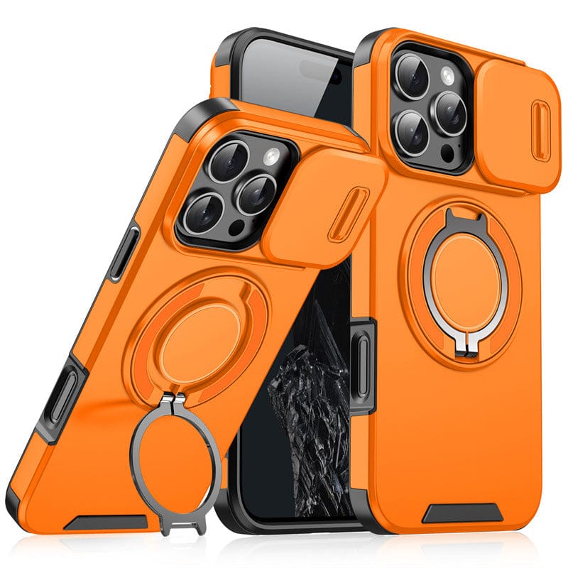 Orange iPhone 16 Pro Max case, featuring a sliding camera cover and an invisible stand, displayed on a phone with a cracked screen. Next to it is another MagSafe-compatible and shockproof case with airbag protection.