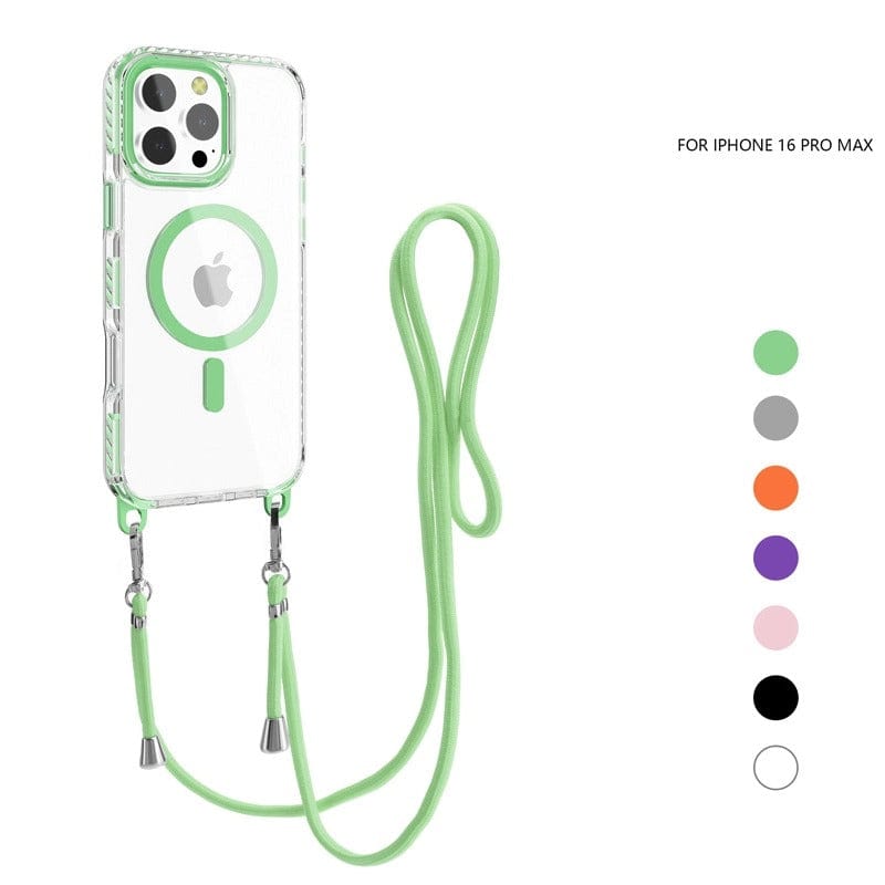 Image of the MagSafe Compatible iPhone 16 Pro Max Case with a green protective bumper, clear back, and attached green lanyard. Six other color options are pictured to the right.