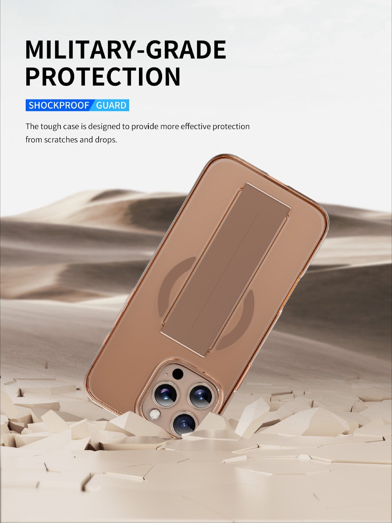 A smartphone with a protective case stands upright on a cracked desert surface. The text reads "iPhone 16 Pro Max Military-Grade MagSafe Case" and "Shockproof Clear Protective Cover with Silicone Grip Strap." Rest assured with this military-grade protection, which is also MagSafe compatible for ultimate convenience.