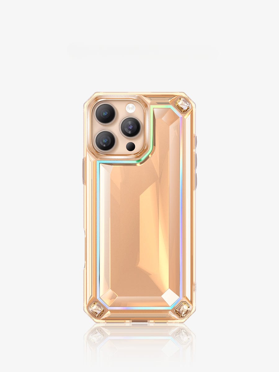 An iPhone 16 Pro Max Case with a 3D gem design, featuring a gold, beveled back, three camera lenses, and shockproof 360° protection.