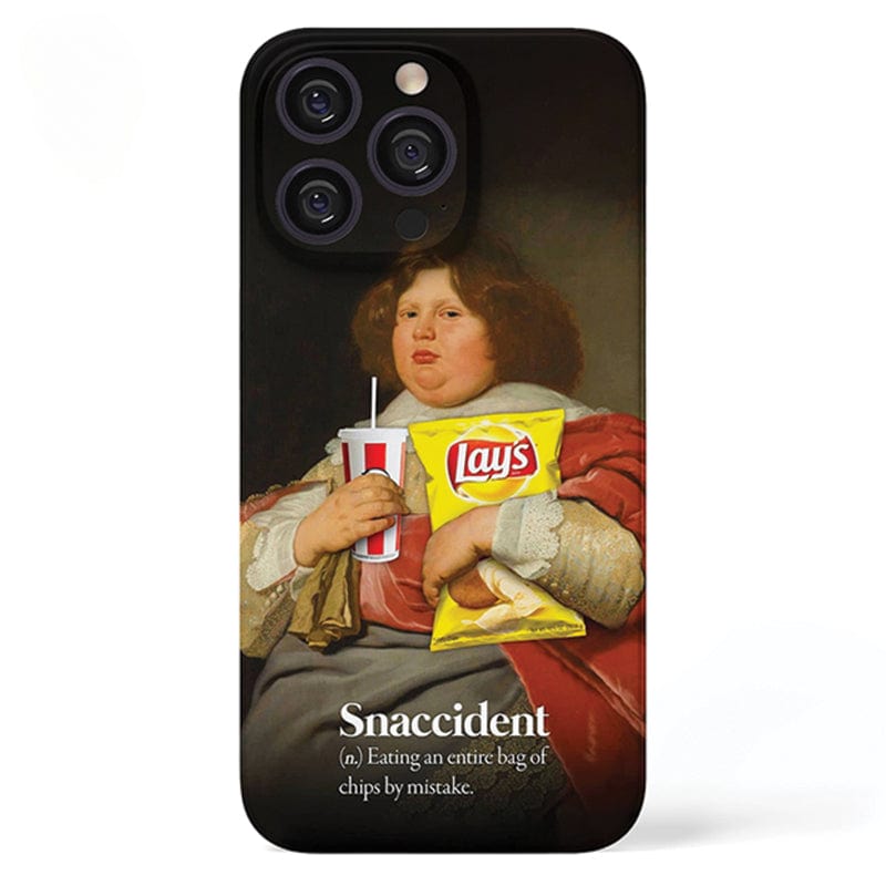 Snaccident iPhone 16 Pro Max Case - Humorous Vintage Art Design with Full Protection, featuring a painting of a person in historical attire holding a soda cup and a bag of Lay's chips. The text reads: "Snaccident (n.) Eating an entire bag of chips by mistake.