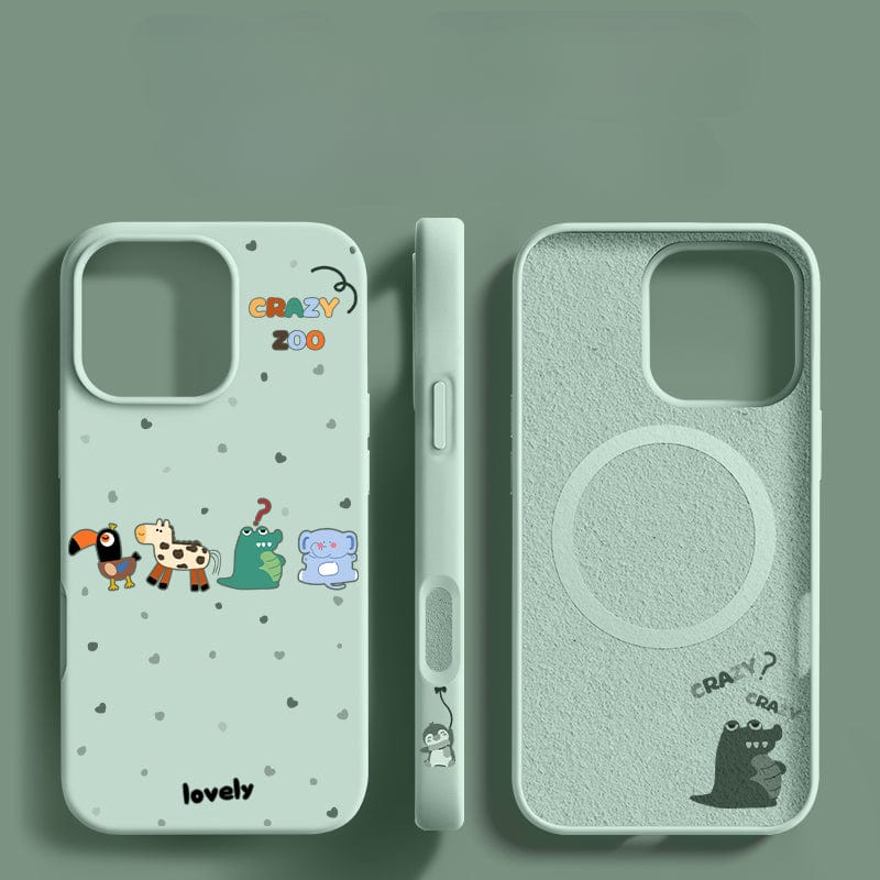 The iPhone 16 Pro Max Crazy Zoo case in green boasts adorable illustrations of a giraffe, elephant, and frog. Crafted from durable liquid silicone, it offers shockproof protection and features a circular MagSafe-compatible section on the inside.