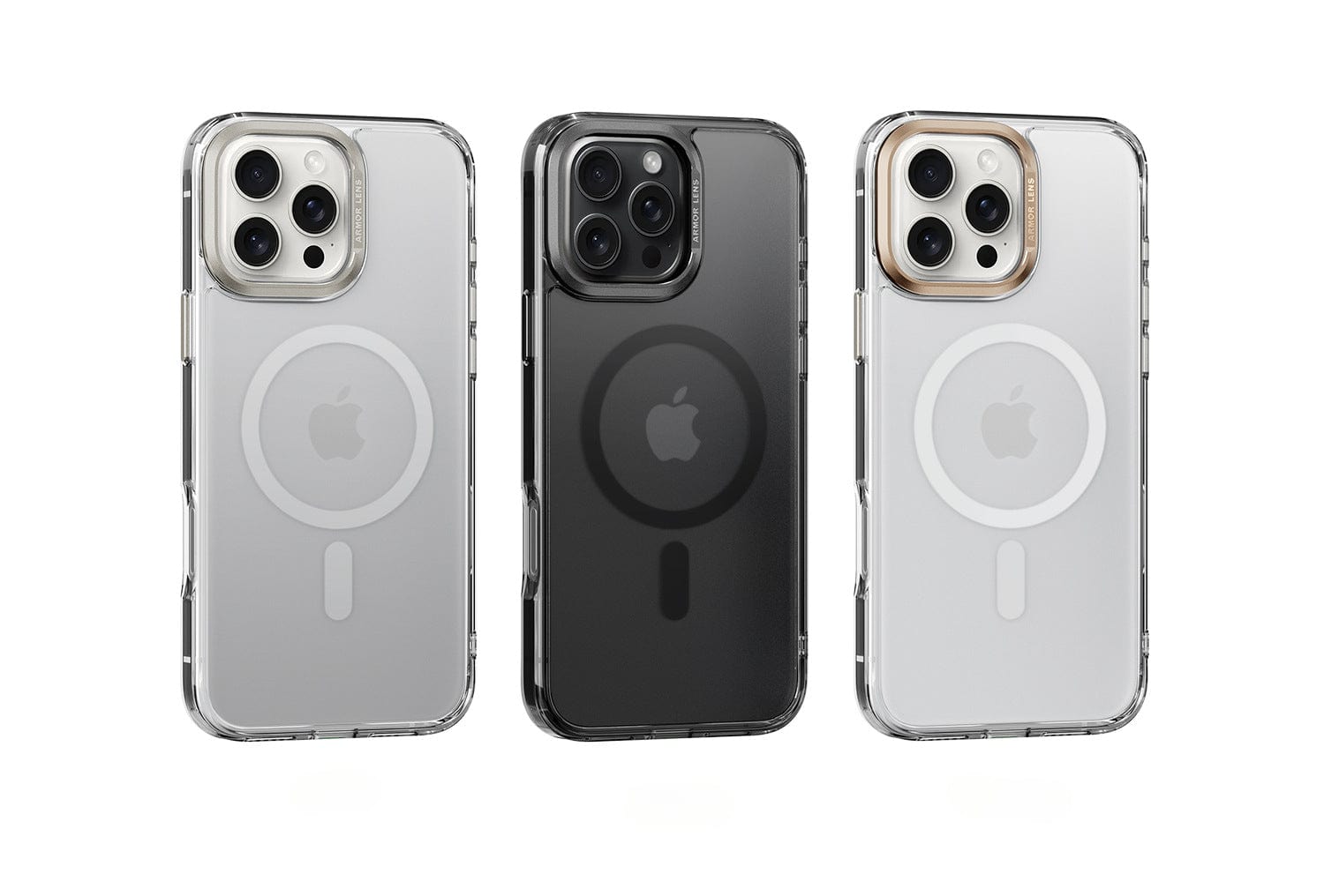 Three iPhone 16 Pro Max devices are showcased side by side in clear cases, boasting raised camera protection and aluminum alloy buttons for enhanced security. Each case includes an anti-fingerprint finish.