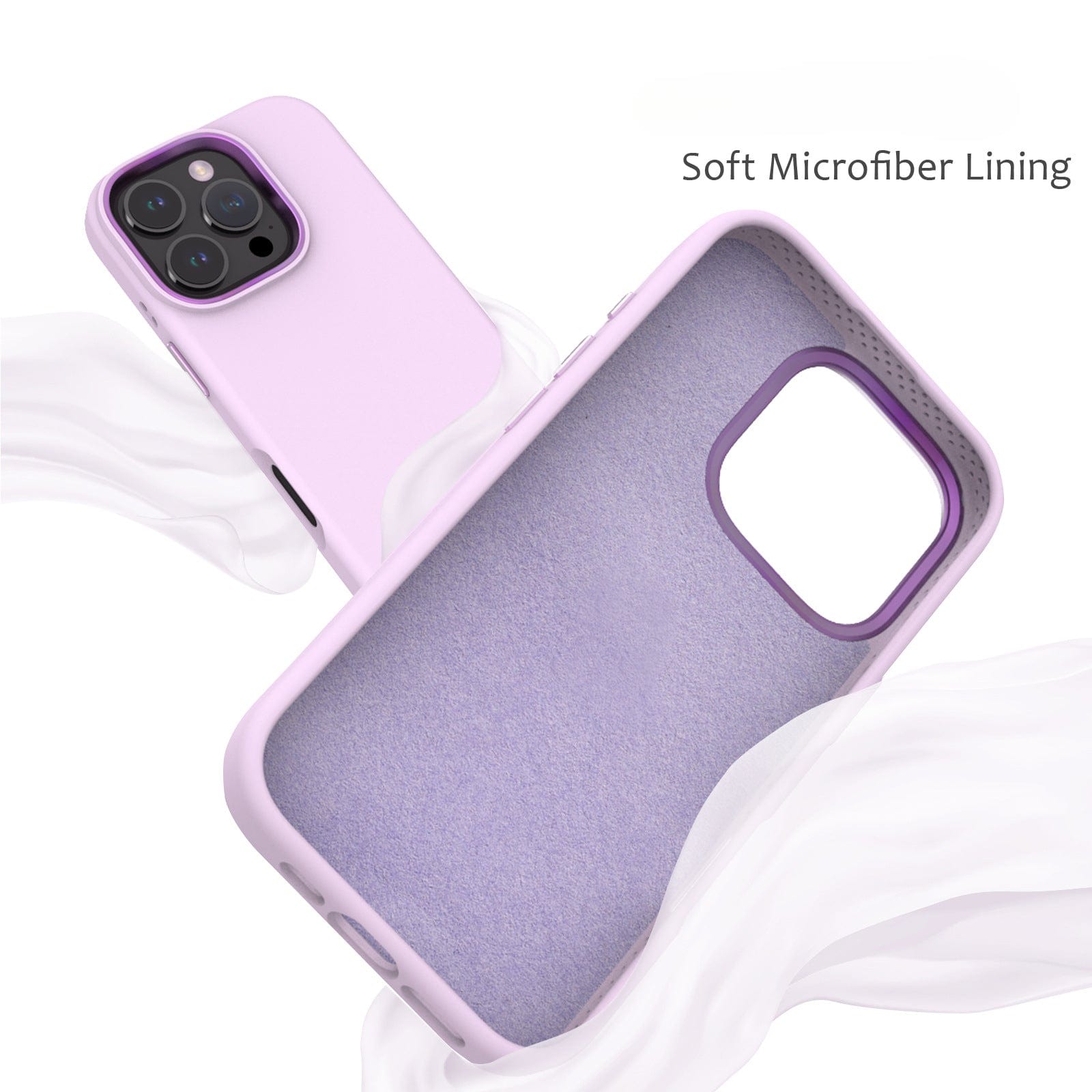 Image of the Liquid Silicone iPhone 16 Pro Max Case with Soft Microfiber Lining, available in purple, shown both empty and with a phone inside. The text "Soft Microfiber Lining" is displayed in the top right corner.