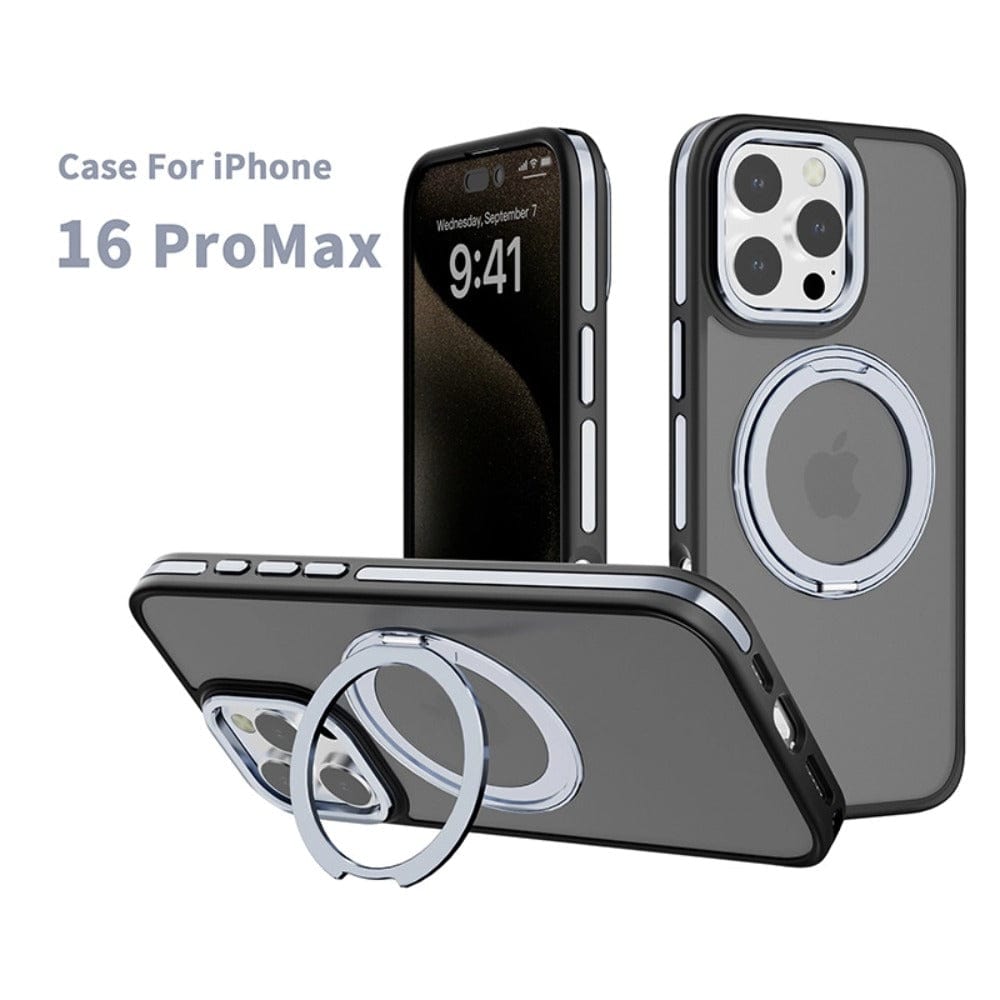 A promotional image displaying a Matte Finish iPhone 16 Pro Max Case with a Rotating Ring Holder, MagSafe compatibility, and shockproof protection. The image features two cases: one displayed in the foreground and another standing upright.