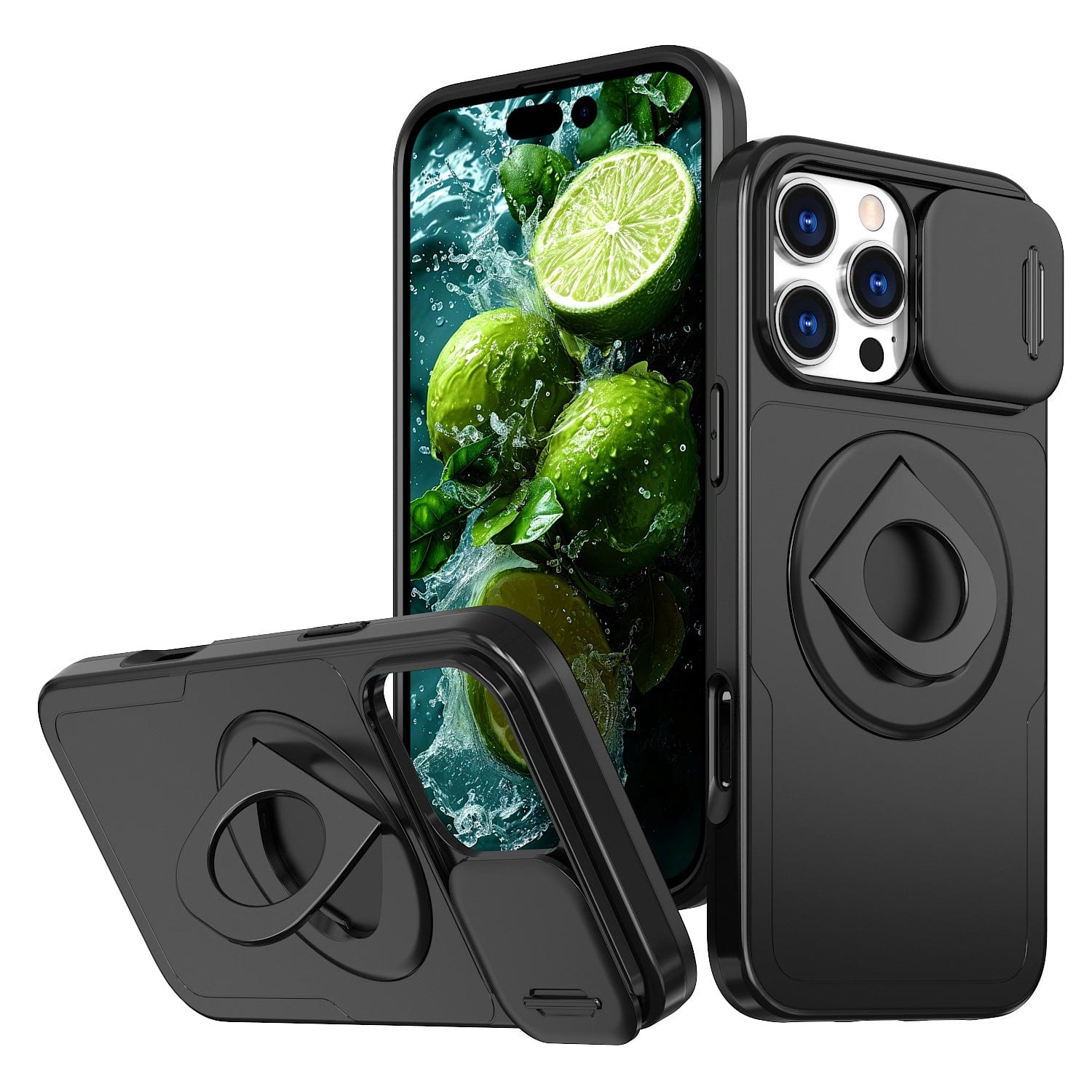 A set of three black iPhone 16 Pro Max Cases with Sliding Windows. One case is showcased from the front with a phone displaying limes; the second from the back; and the third lying flat, featuring a magnetic ring stand and card slot. Enjoy anti-fingerprint, anti-slip, shockproof TPU+PC protection with these stylish and functional accessories.