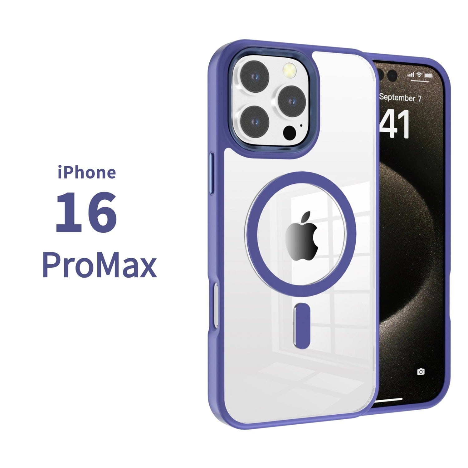 MagSafe Compatible iPhone 16 Pro Max Case | Clear Back with TPU Bumper showcasing a blue-trimmed iPhone 16 ProMax with three rear cameras, displaying the date "September 7" and time "10:41.