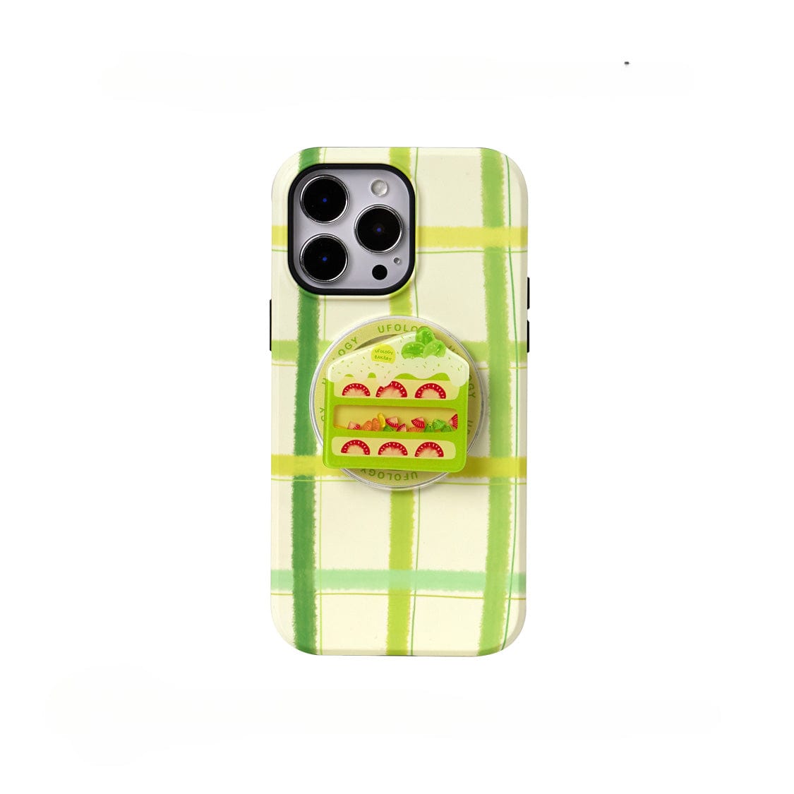 A Fresh Picnic MagSafe iPhone 16 Pro Max Case featuring a green plaid design, complemented by a pastel-colored pop socket adorned with tiny red mushrooms.