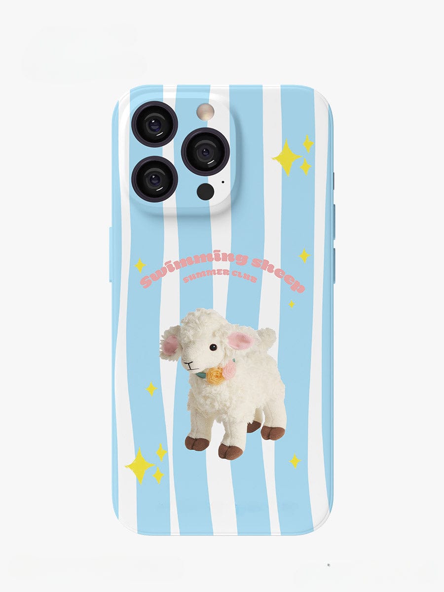 A Swimming Sheep iPhone 16 Pro Max Case features a blue and white striped design with a cute sheep illustration, the text "Swimming angel SUMMER CLUB," and small yellow stars surrounding the sheep, providing an all-inclusive protective cover.